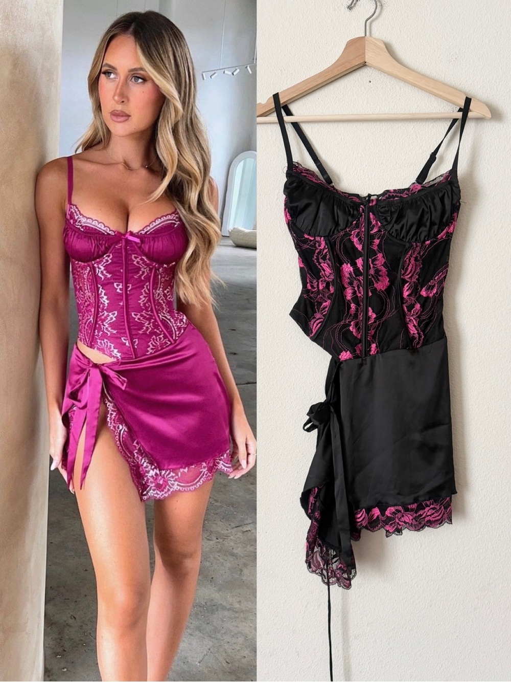 NWT Outcast LARGE Hadleigh black and pink satin & lace mini dress